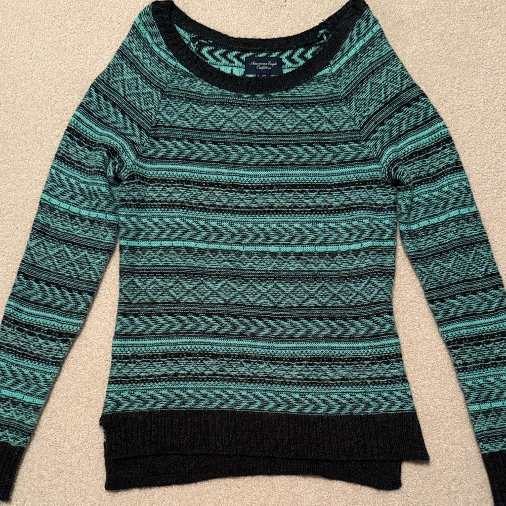 American Eagle Outfitters Teal and Black Patterned Sweater